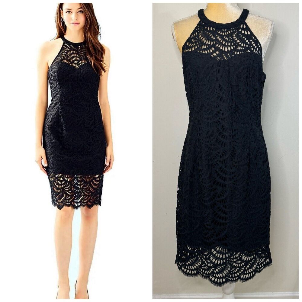 Lilly Pulitzer Kenna Halter Dress Size 8 Onyx Eyelet Lace Scalloped Lined